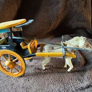 VINTAGE WOOD  WHITE HORSE &  BLUE/ YELLOW CART